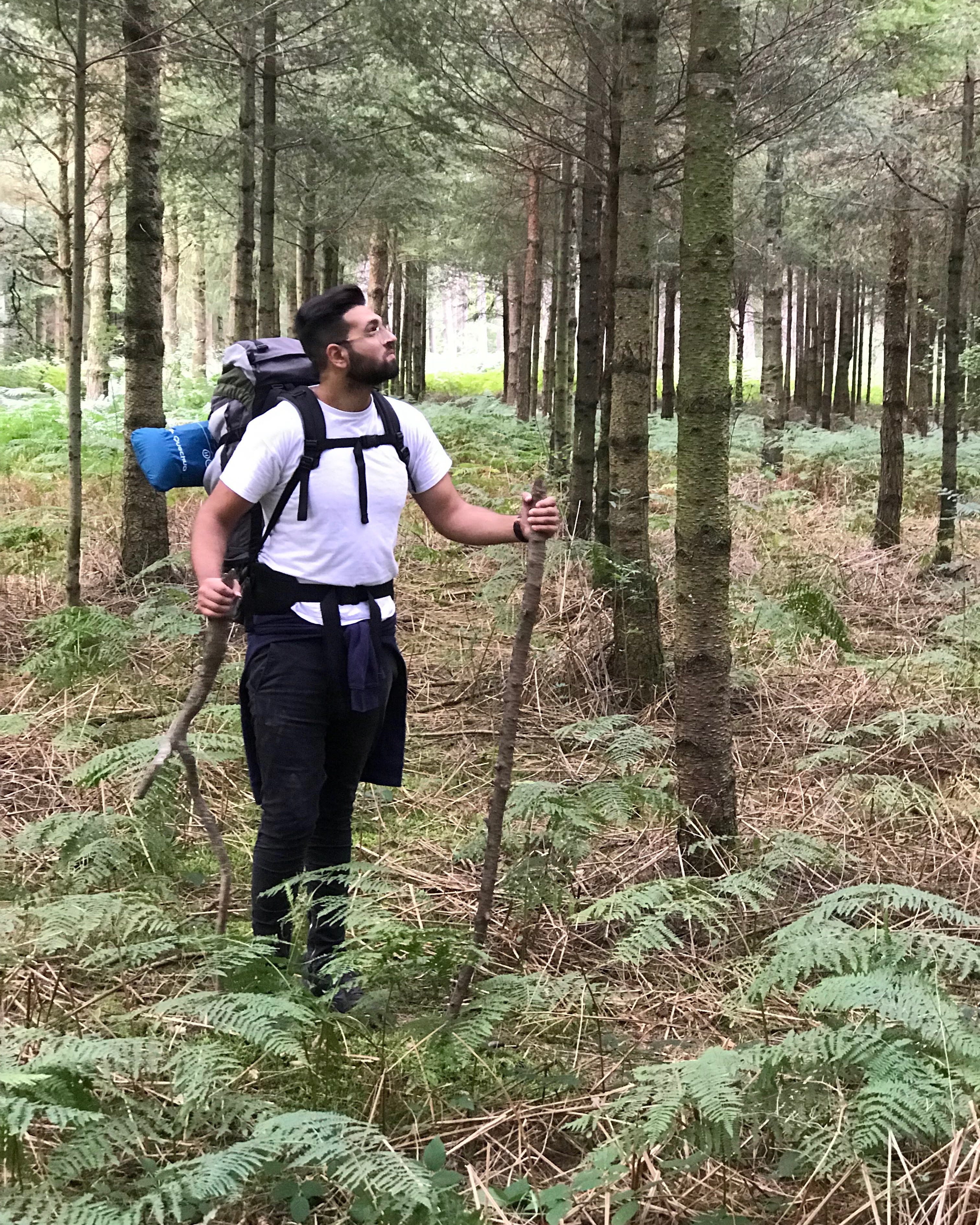 man with walking sticks in forest